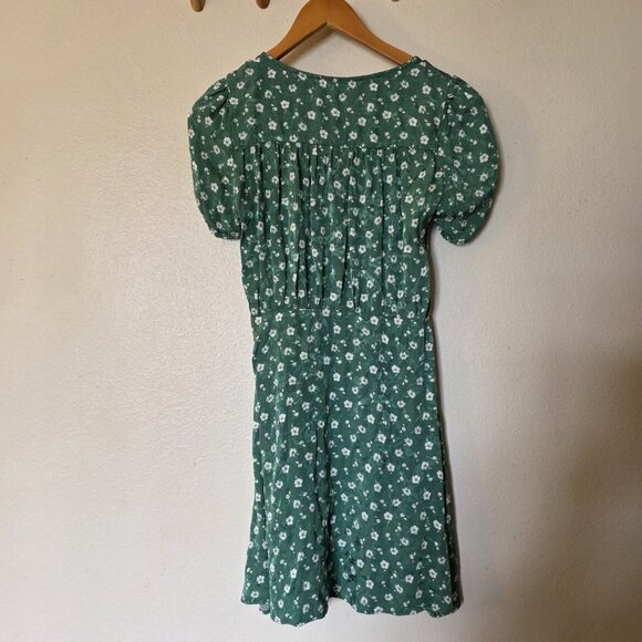 Free People Bond Street Mini Dress Green Floral Ruched Puff Sleeve Size 4 - Picture 7 of 16
